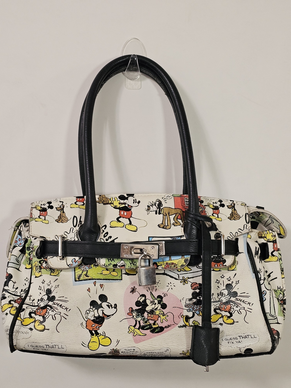 Disney Mickey & Minnie Comic Print Satchel Handbag Lock Charm Purse